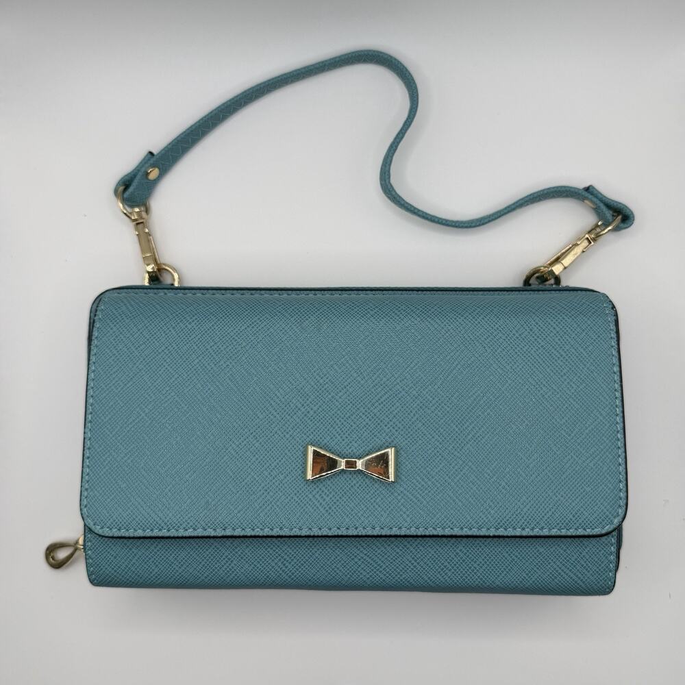 Cache Cache Blue Saffiano Leather Crossbody Wallet Bag Gold Bow Accent NWT